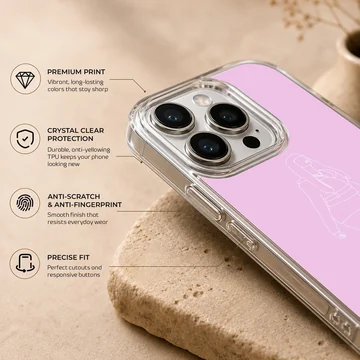Pastel purple phone case featuring white minimalist line art of a stylish female figure and script text at the bottom — Info