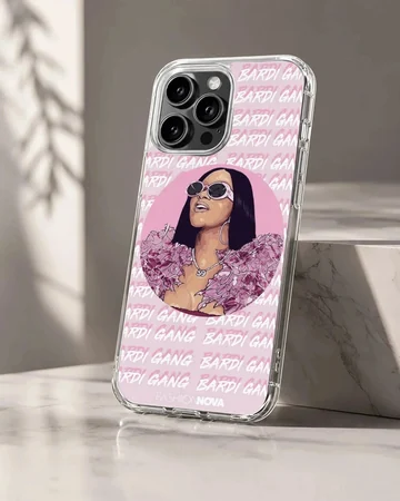 Digital illustration of a glamorous music icon in pink tones with repeating typographic background on a phone case