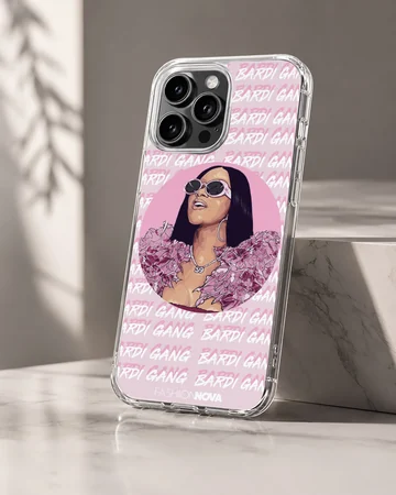 Digital illustration of a glamorous music icon in pink tones with repeating typographic background on a phone case — Hero