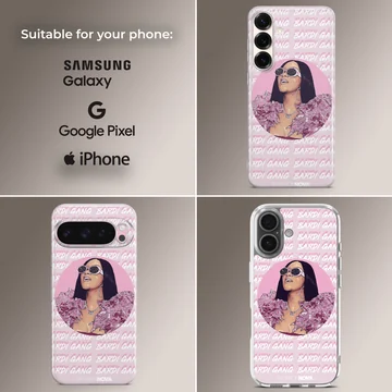 Digital illustration of a glamorous music icon in pink tones with repeating typographic background on a phone case — Collage