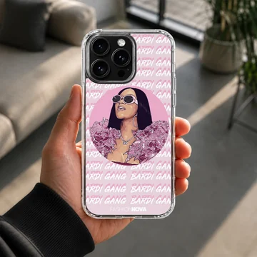 Digital illustration of a glamorous music icon in pink tones with repeating typographic background on a phone case — Lifestyle