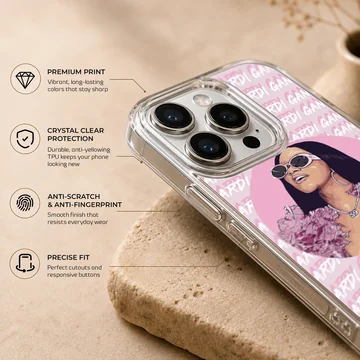 Digital illustration of a glamorous music icon in pink tones with repeating typographic background on a phone case — Info