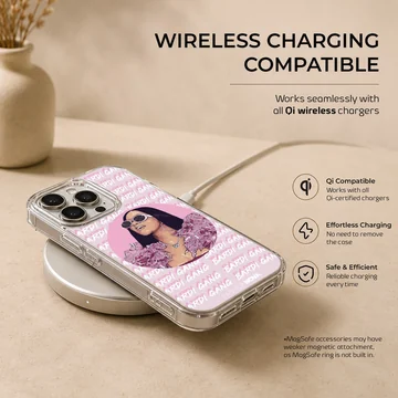 Digital illustration of a glamorous music icon in pink tones with repeating typographic background on a phone case — Charging