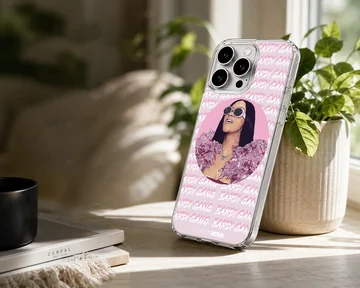 Digital illustration of a glamorous music icon in pink tones with repeating typographic background on a phone case — Lifestyle