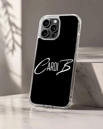 White signature typography spelling Cardi B on a solid black phone case