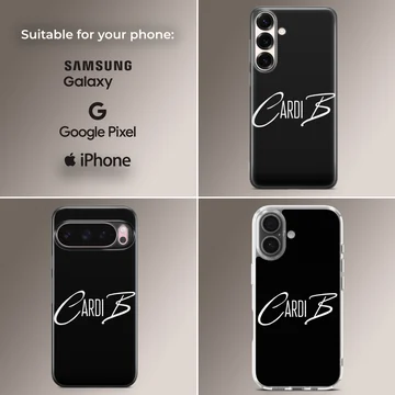 White signature typography spelling Cardi B on a solid black phone case — Collage