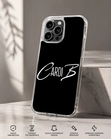 White signature typography spelling Cardi B on a solid black phone case — Specs