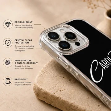 White signature typography spelling Cardi B on a solid black phone case — Info