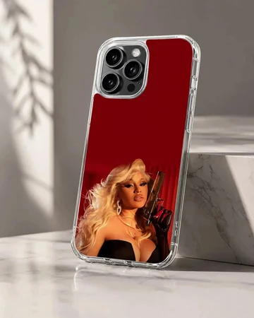 Glamorous portrait of a blonde diva holding a firearm against a rich red background phone case