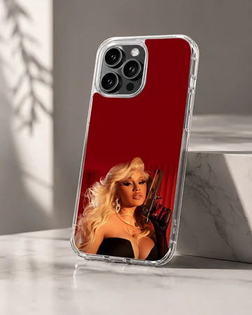 Glamorous portrait of a blonde diva holding a firearm against a rich red background phone case — Hero