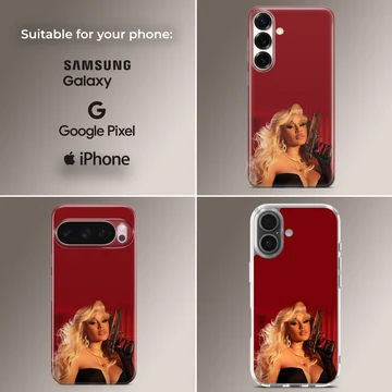 Glamorous portrait of a blonde diva holding a firearm against a rich red background phone case — Collage