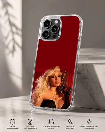 Glamorous portrait of a blonde diva holding a firearm against a rich red background phone case — Specs