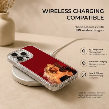 Glamorous portrait of a blonde diva holding a firearm against a rich red background phone case — Charging