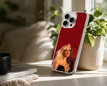 Glamorous portrait of a blonde diva holding a firearm against a rich red background phone case — Lifestyle