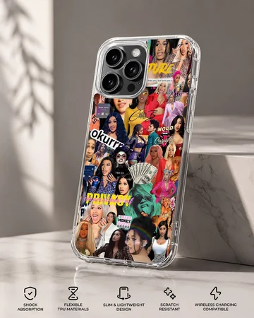 Colorful rap music icon photo collage phone case with dynamic imagery and text — Specs