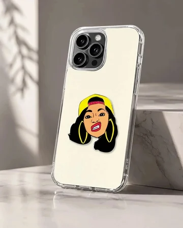 Illustrated portrait of a female music icon wearing a yellow cap and hoop earrings phone case