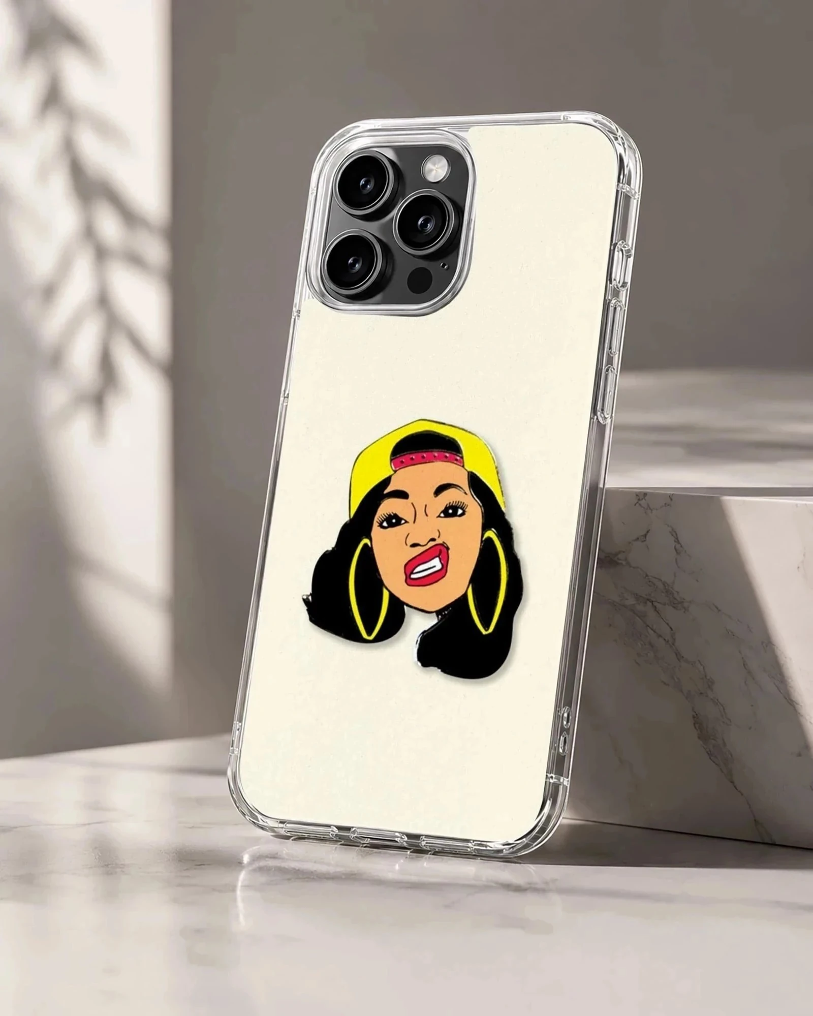 Illustrated portrait of a female music icon wearing a yellow cap and hoop earrings phone case