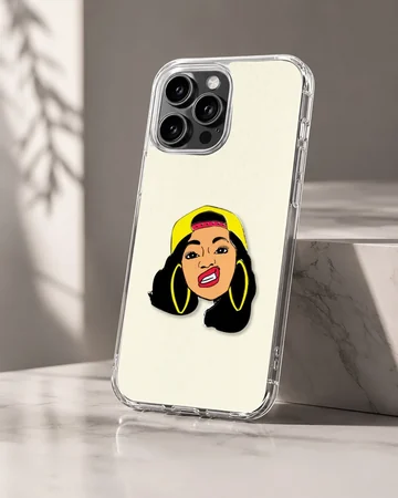 Illustrated portrait of a female music icon wearing a yellow cap and hoop earrings phone case — Hero