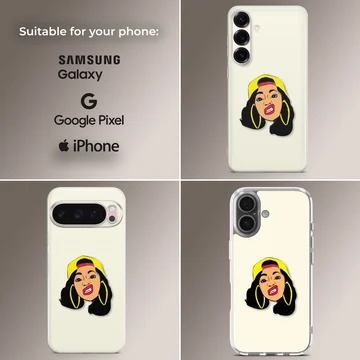Illustrated portrait of a female music icon wearing a yellow cap and hoop earrings phone case — Collage
