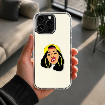Illustrated portrait of a female music icon wearing a yellow cap and hoop earrings phone case — Lifestyle