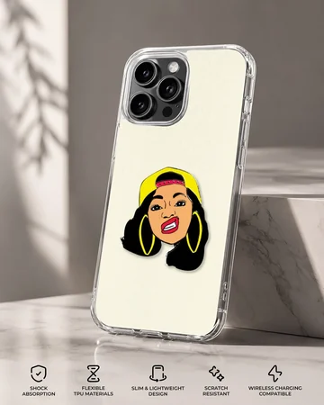Illustrated portrait of a female music icon wearing a yellow cap and hoop earrings phone case — Specs