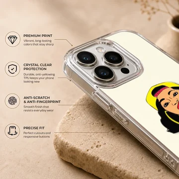 Illustrated portrait of a female music icon wearing a yellow cap and hoop earrings phone case — Info