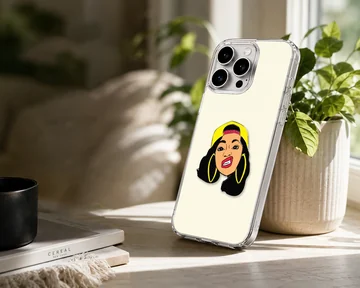 Illustrated portrait of a female music icon wearing a yellow cap and hoop earrings phone case — Lifestyle