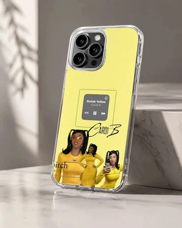 A vibrant yellow phone case featuring a collage of a singer in matching yellow outfits and a music player graphic, phone case