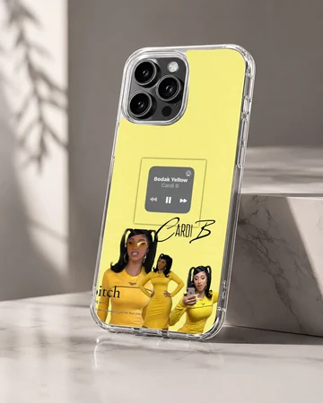 A vibrant yellow phone case featuring a collage of a singer in matching yellow outfits and a music player graphic, phone case — Hero