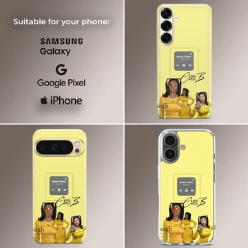 A vibrant yellow phone case featuring a collage of a singer in matching yellow outfits and a music player graphic, phone case — Collage