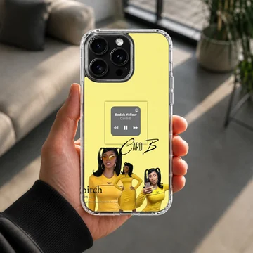 A vibrant yellow phone case featuring a collage of a singer in matching yellow outfits and a music player graphic, phone case — Lifestyle