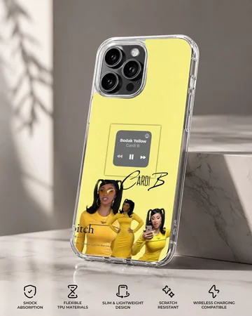 A vibrant yellow phone case featuring a collage of a singer in matching yellow outfits and a music player graphic, phone case — Specs