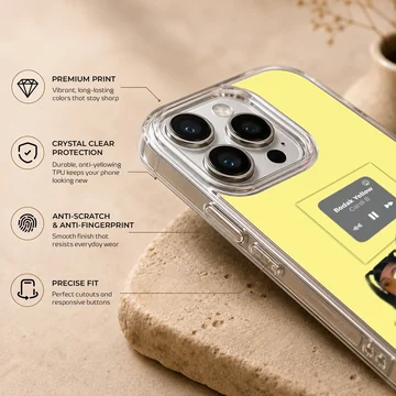 A vibrant yellow phone case featuring a collage of a singer in matching yellow outfits and a music player graphic, phone case — Info