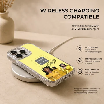 A vibrant yellow phone case featuring a collage of a singer in matching yellow outfits and a music player graphic, phone case — Charging