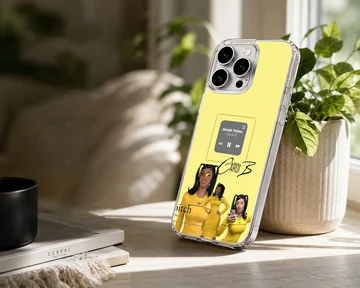 A vibrant yellow phone case featuring a collage of a singer in matching yellow outfits and a music player graphic, phone case — Lifestyle