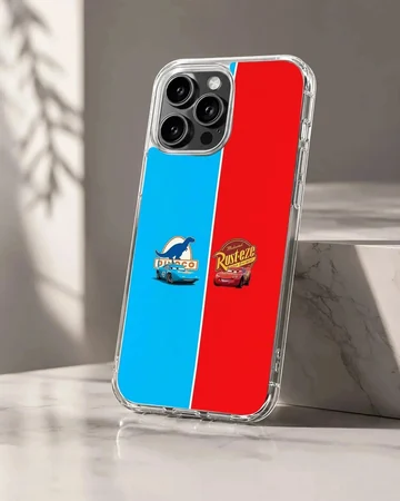 Split blue and red phone case featuring cartoon racing cars and sponsor logos on a matte finish TPU snap case.