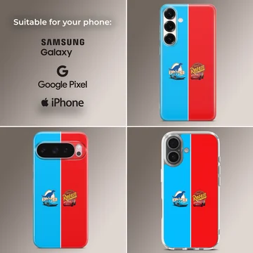 Split blue and red phone case featuring cartoon racing cars and sponsor logos on a matte finish TPU snap case. — Collage