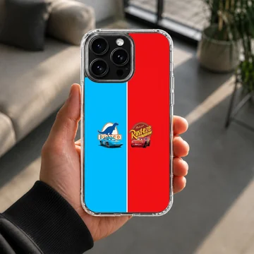 Split blue and red phone case featuring cartoon racing cars and sponsor logos on a matte finish TPU snap case. — Lifestyle