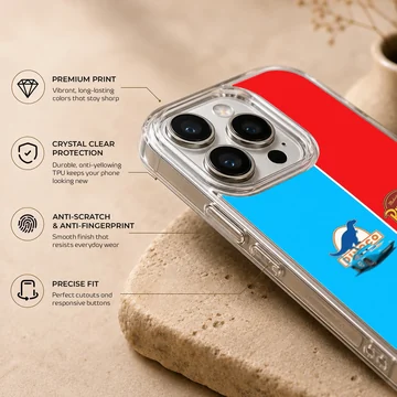 Split blue and red phone case featuring cartoon racing cars and sponsor logos on a matte finish TPU snap case. — Info