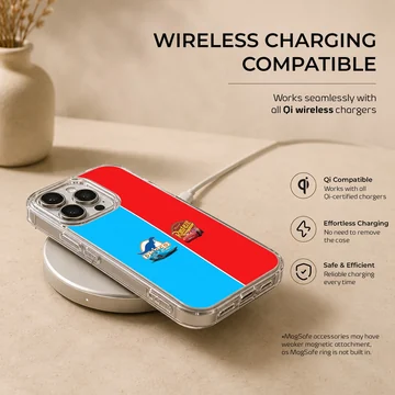 Split blue and red phone case featuring cartoon racing cars and sponsor logos on a matte finish TPU snap case. — Charging