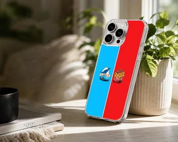 Split blue and red phone case featuring cartoon racing cars and sponsor logos on a matte finish TPU snap case. — Lifestyle