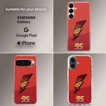Red racing phone case featuring number 95 and lightning bolt graphic — Collage