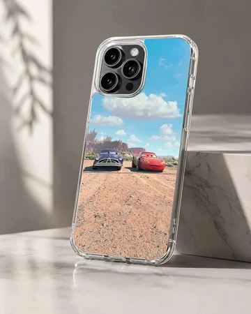 Red and purple race cars facing off on a dirt track under a blue sky phone case
