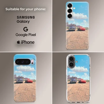 Red and purple race cars facing off on a dirt track under a blue sky phone case — Collage