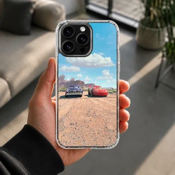 Red and purple race cars facing off on a dirt track under a blue sky phone case — Lifestyle