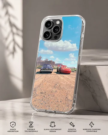 Red and purple race cars facing off on a dirt track under a blue sky phone case — Specs