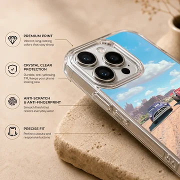 Red and purple race cars facing off on a dirt track under a blue sky phone case — Info