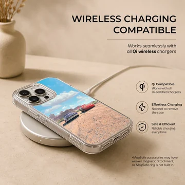 Red and purple race cars facing off on a dirt track under a blue sky phone case — Charging