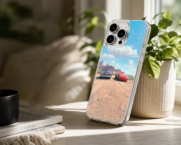 Red and purple race cars facing off on a dirt track under a blue sky phone case — Lifestyle
