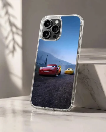 Animated red race car speeding alongside a yellow car on a track phone case